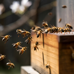 A swarm of bees collects nectar from flowers. Healthy Organic Farm Honey. The bees fly into the bee hive and enter the hive with the collected flower nectar and pollen. Al Generated.