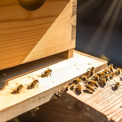 A swarm of bees collects nectar from flowers. Healthy Organic Farm Honey. The bees fly into the bee hive and enter the hive with the collected flower nectar and pollen. Al Generated.