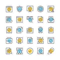 Check mark line icons. Set of check mark icons. Black, blue and yellow colors. Modern outline graphic design. Vector line icons set