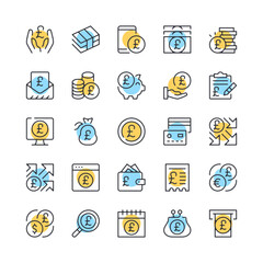 Pound line icons. Set of UK pound icons. Black, blue and yellow colors. Modern outline graphic design. Vector line icons set