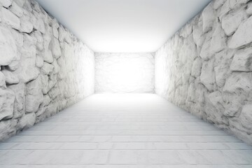 minimalist white room with a textured stone wall and floor Generative AI