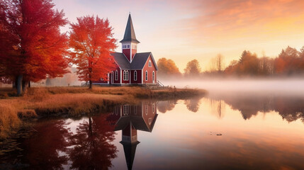 Obraz premium A beautiful small white wooden church reflecting in a lake in autumn, beautiful red tree colors, a light mist - generative AI