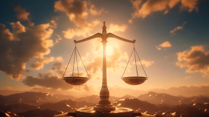 Justice. Golden scales in the sky. Time to make a choice. High quality illustration Generative AI