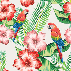 Tropical macaw parrots, hibiscus flowers, green palm leaves, white background. Vector seamless pattern. Jungle illustration. Exotic plants and birds. Summer beach floral design. Paradise nature