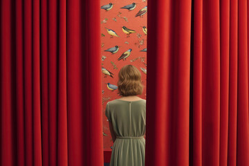 silhouette of a woman from the back standing in a surreal symmetric vintage movie setting behind red velvet curtains in cinematic colours and retro style ai generated art