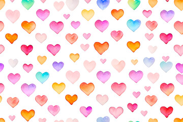 Colorful hearts in watercolor style. Seamless pattern with hearts. White background. Generative AI.