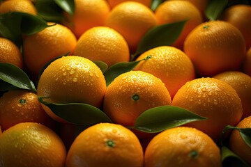 fresh orange fruits with leaves as background, top view. generated by AI