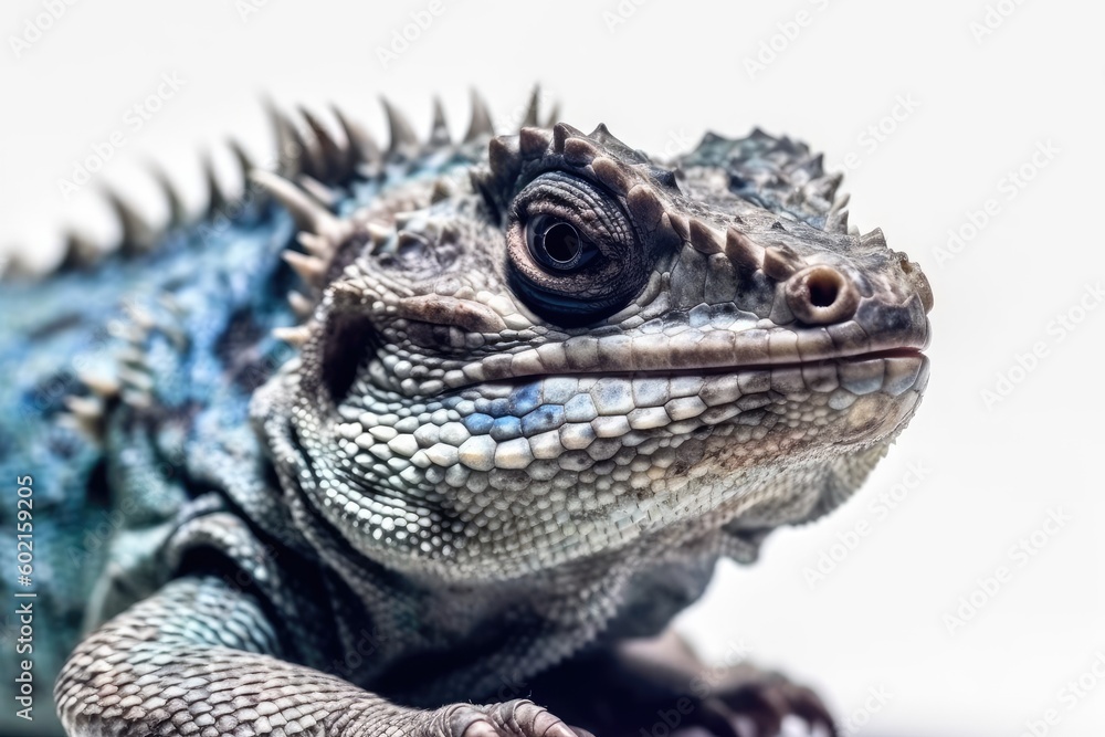 Poster close up view of a lizard on a plain white background generative ai
