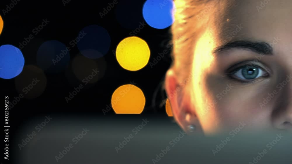 Poster face, cyber security or programmer woman thinking at night for ux seo software, web design or databa