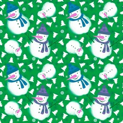 Winter seamless snowman and snowflakes pattern for Christmas wrapping paper and kids notebooks