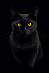 A black cat with yellow eyes on a black background Generative Ai