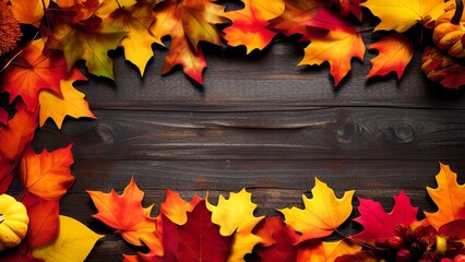 Naklejka na ściany i meble Autumn Bliss: A Cozy Seasonal Arrangement of Leaves, Pumpkins, and Cinnamon on a Rustic Wood Background