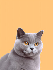 A gray cat isolated on a yellow background Generative Ai