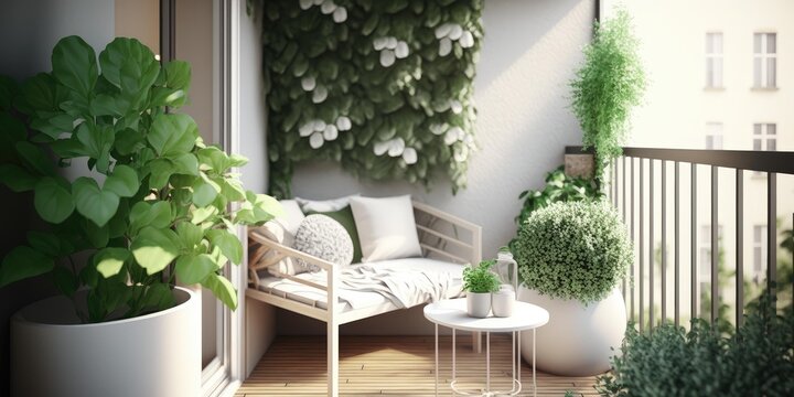 Modern balcony sitting area decorated with green plant and white wall. superlative generative AI image.