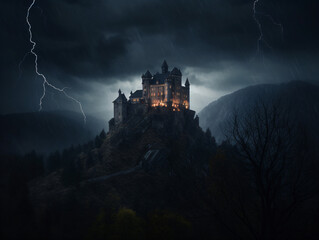 A castle on a hill with lightning in the background Generative Ai