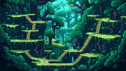 pixel art game level background, 8 bit, landscape, arcade video game, stairs, trees and platforms © hiten666