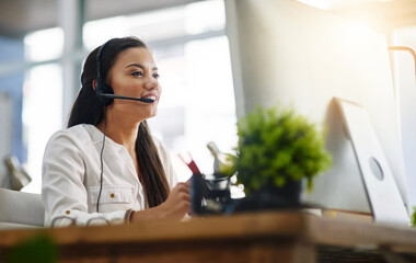 Communication, customer services or woman in call center consulting, speaking or talking at help desk. Virtual assistant, friendly or sales consultant in telemarketing or telecom company office - obrazy, fototapety, plakaty