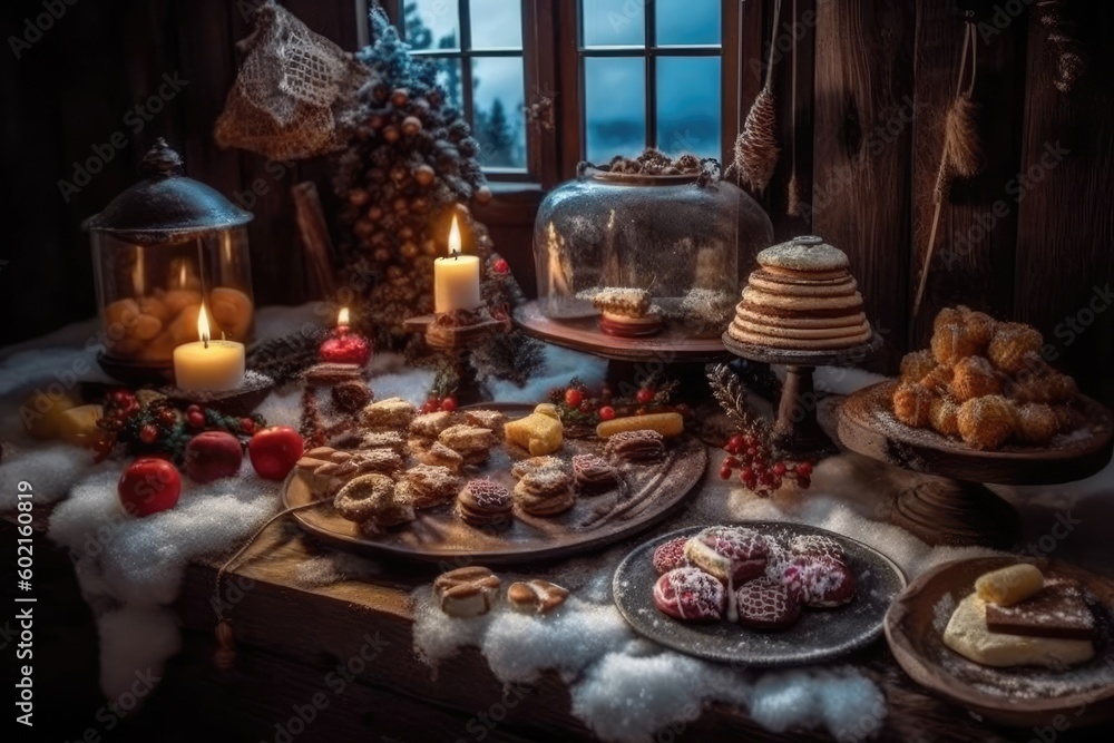 Poster table filled with various cakes and pastries displayed next to a sunny window generative ai
