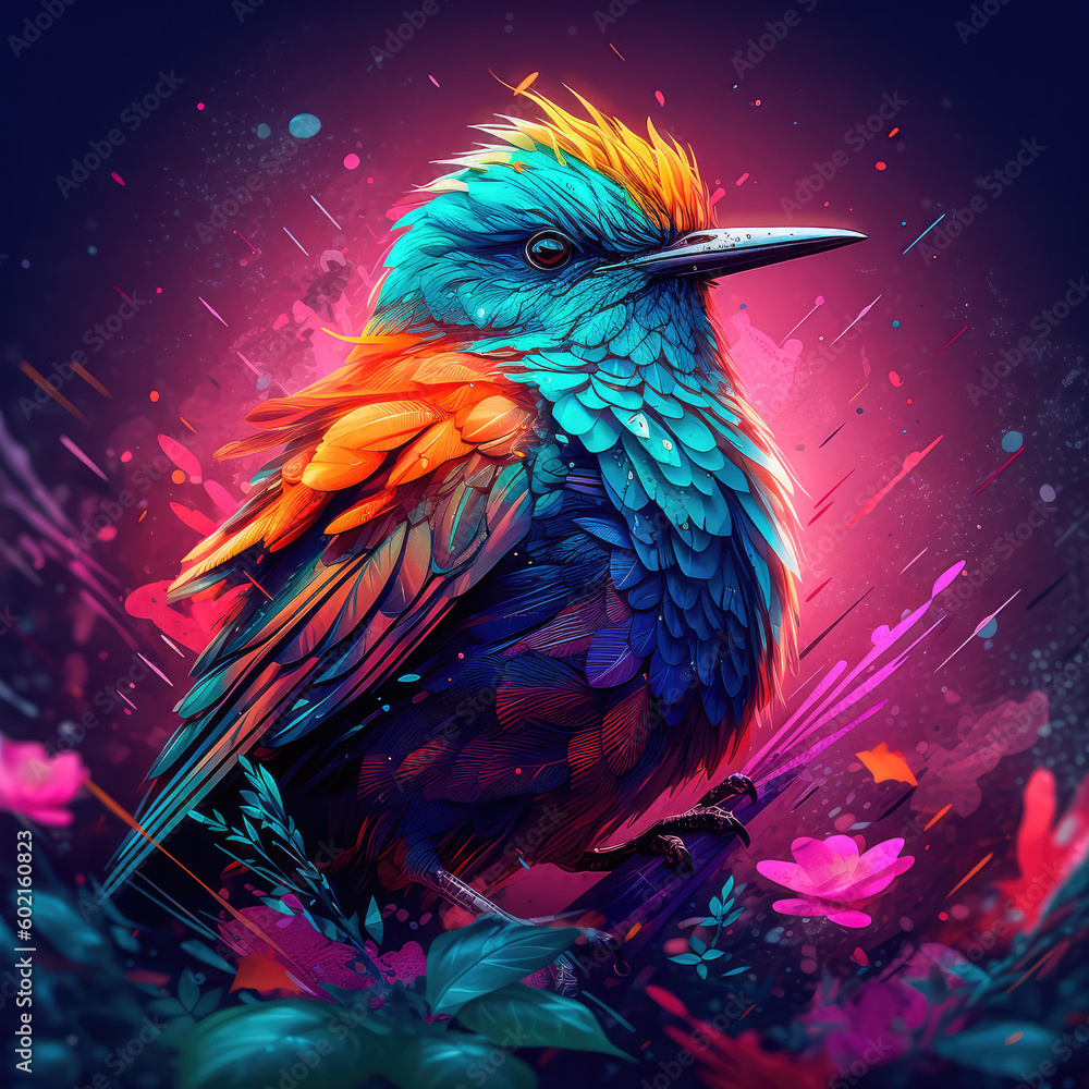 Poster bright colorful abstraction with the image of a bird on a forest background. generative ai