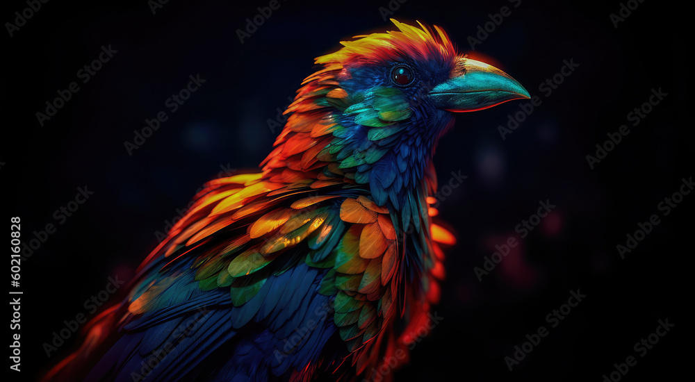 Poster bright colorful abstraction with the image of a bird on a forest background. generative ai