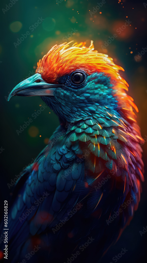 Poster bright colorful abstraction with the image of a bird on a forest background. generative ai