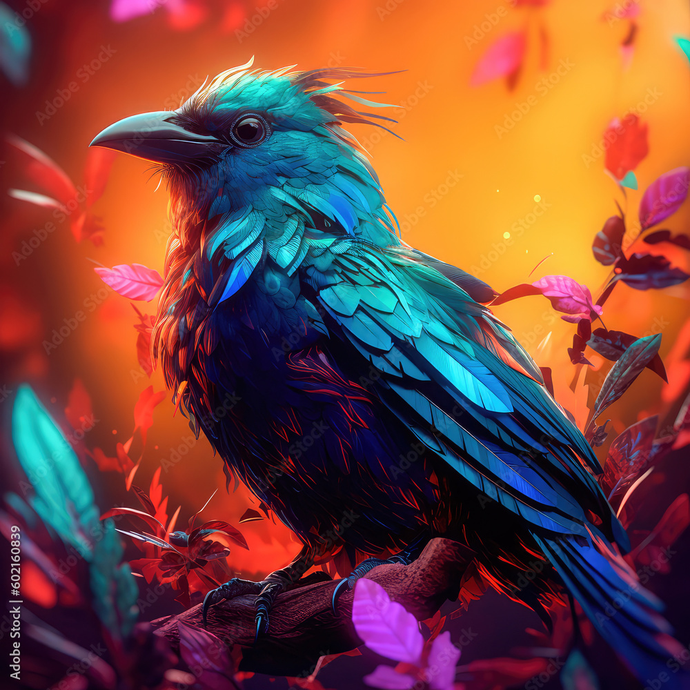 Poster bright colorful abstraction with the image of a bird on a forest background. generative ai