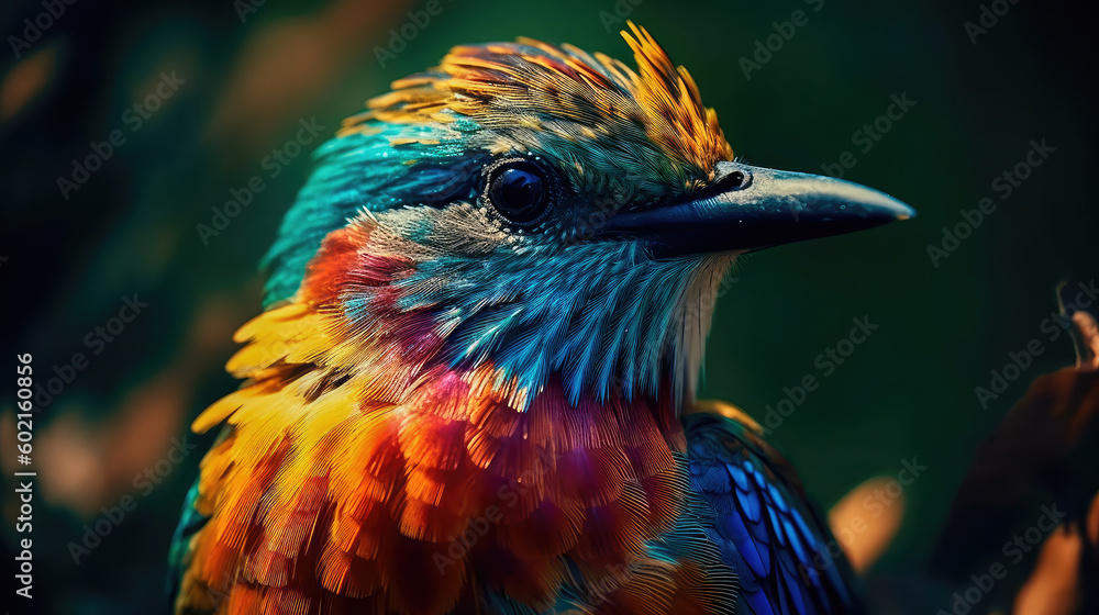 Poster bright colorful abstraction with the image of a bird on a forest background. generative ai
