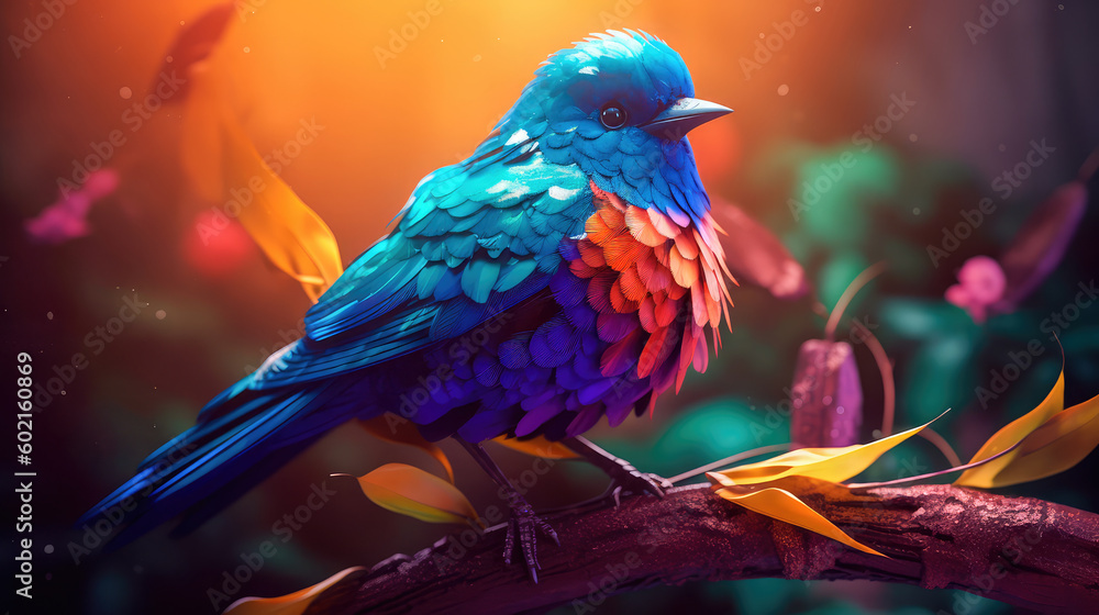 Poster bright colorful abstraction with the image of a bird on a forest background. generative ai