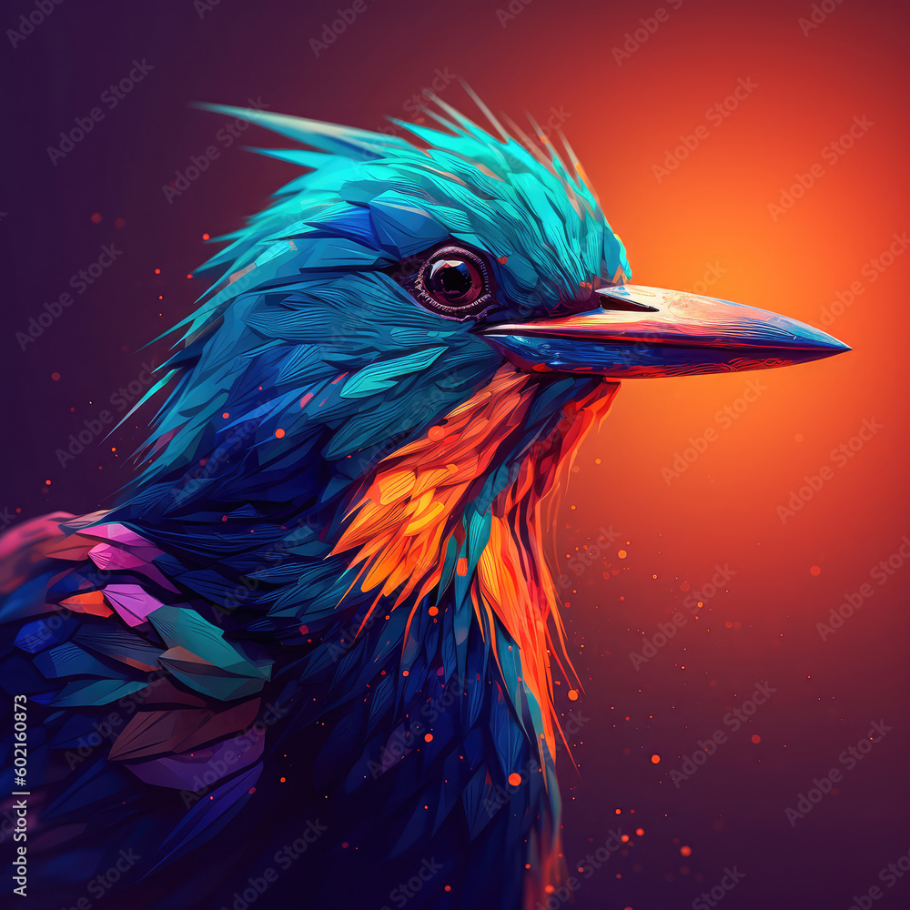 Poster bright colorful abstraction with the image of a bird on a forest background. generative ai