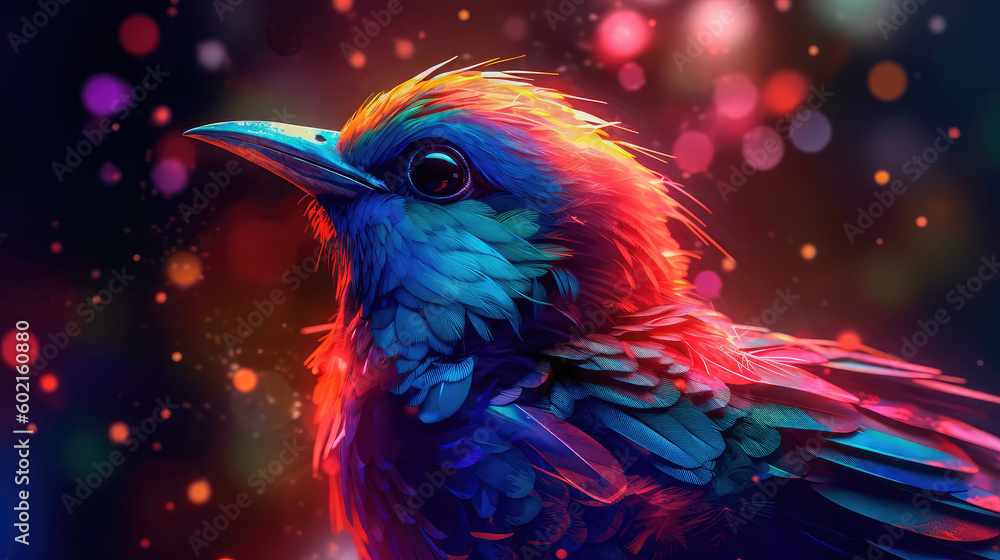 Poster bright colorful abstraction with the image of a bird on a forest background. generative ai