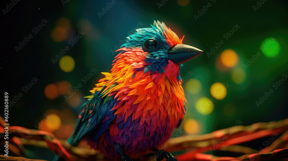 Poster bright colorful abstraction with the image of a bird on a forest background. generative ai