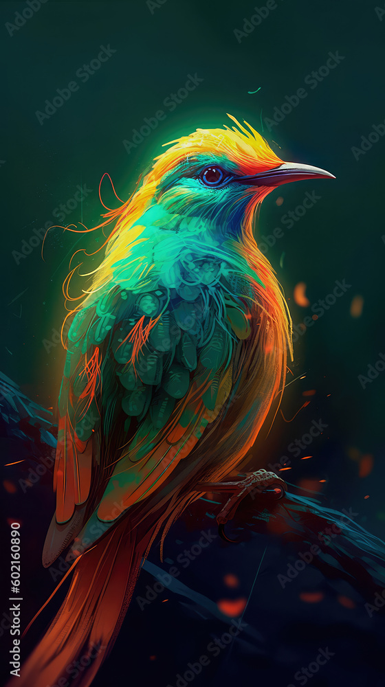 Poster bright colorful abstraction with the image of a bird on a forest background. generative ai