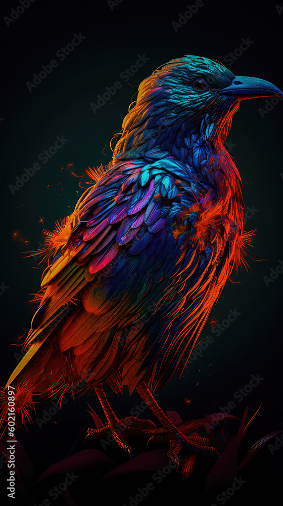 Poster bright colorful abstraction with the image of a bird on a forest background. generative ai