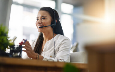 Customer service, contact us or happy woman in call center consulting, speaking or talking at help...