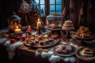 Naklejka premium table filled with various cakes and pastries displayed next to a sunny window Generative AI