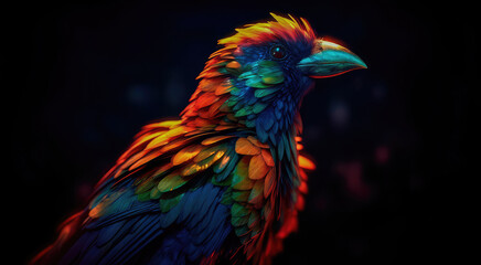 Obraz premium Bright colorful abstraction with the image of a bird on a forest background. Generative AI