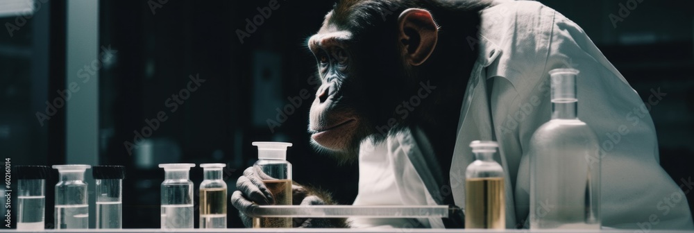 Aufkleber a chimpan in a lab coat looking at a bottle. generative ai image.