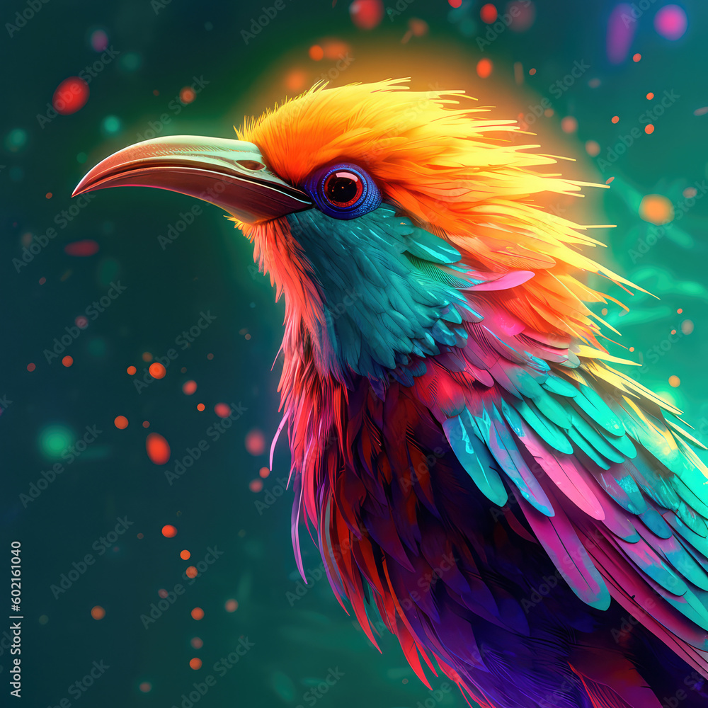 Poster bright colorful abstraction with the image of a bird on a forest background. generative ai