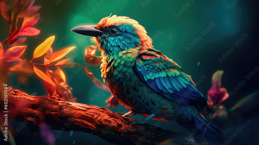 Poster bright colorful abstraction with the image of a bird on a forest background. generative ai
