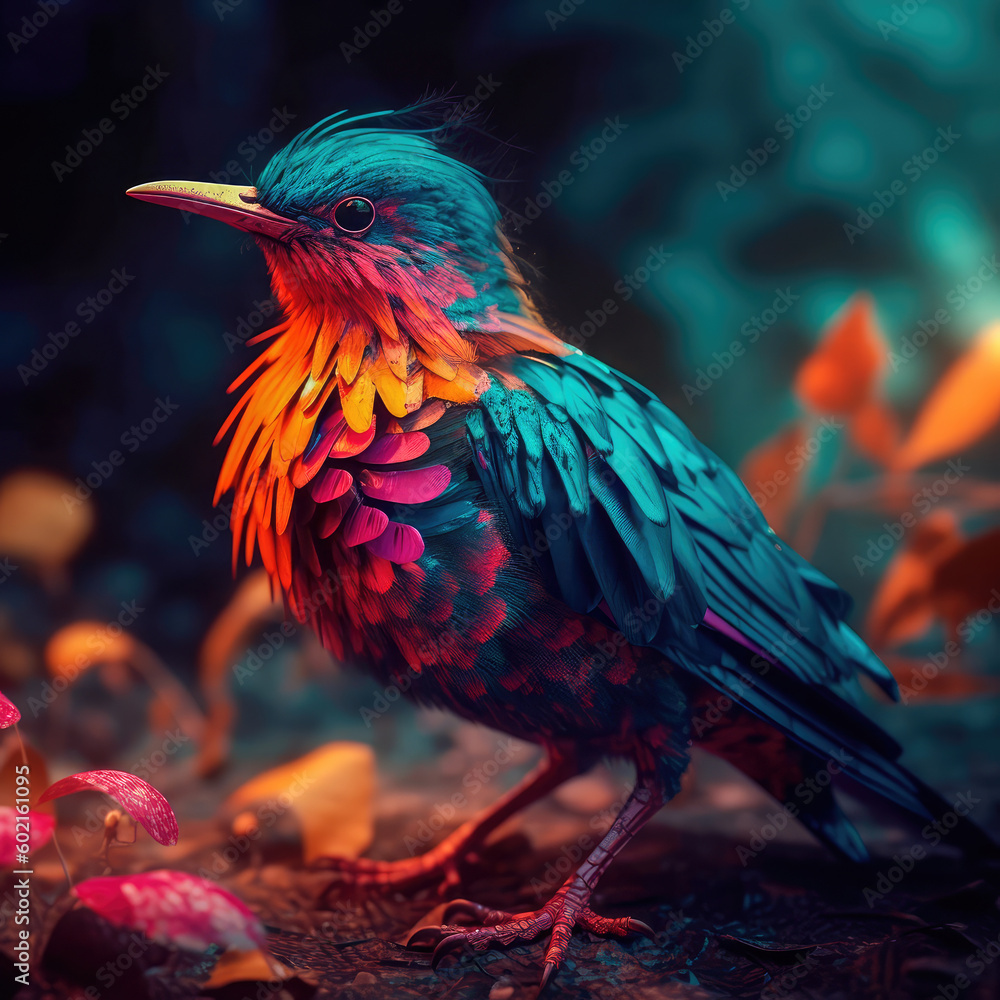 Poster bright colorful abstraction with the image of a bird on a forest background. generative ai