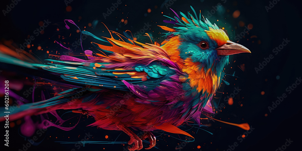 Poster bright colorful abstraction with the image of a bird on a forest background. generative ai