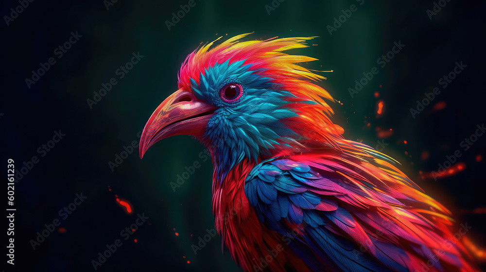 Poster bright colorful abstraction with the image of a bird on a forest background. generative ai