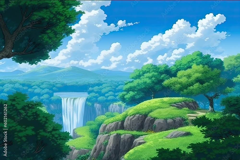 Poster serene waterfall nestled within a lush forest setting generative ai
