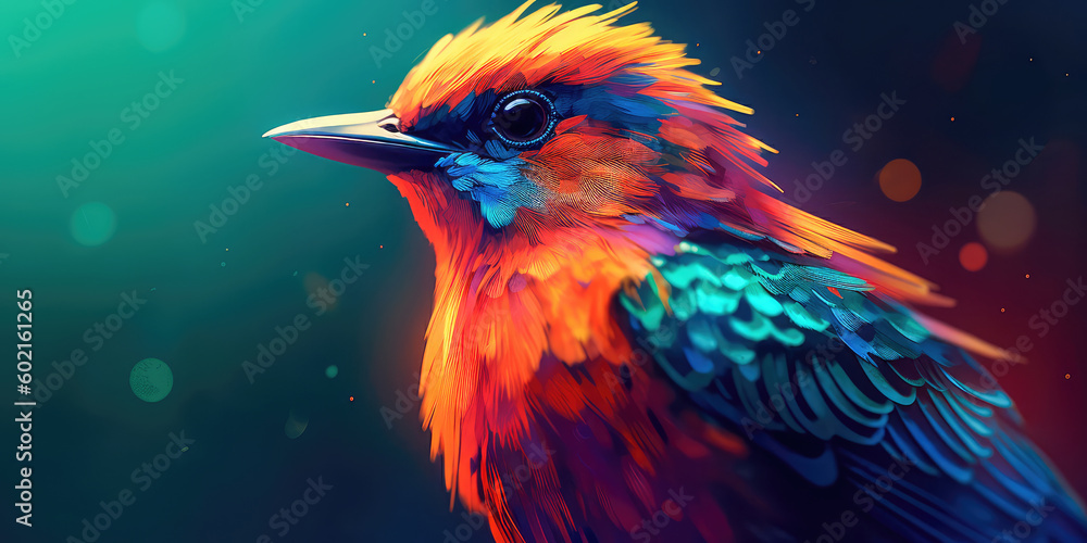 Poster bright colorful abstraction with the image of a bird on a forest background. generative ai