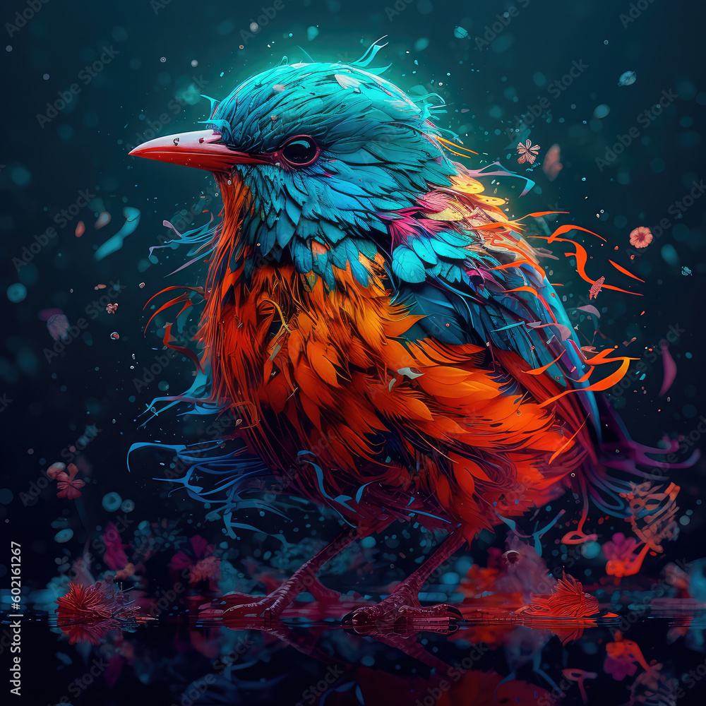 Poster bright colorful abstraction with the image of a bird on a forest background. generative ai