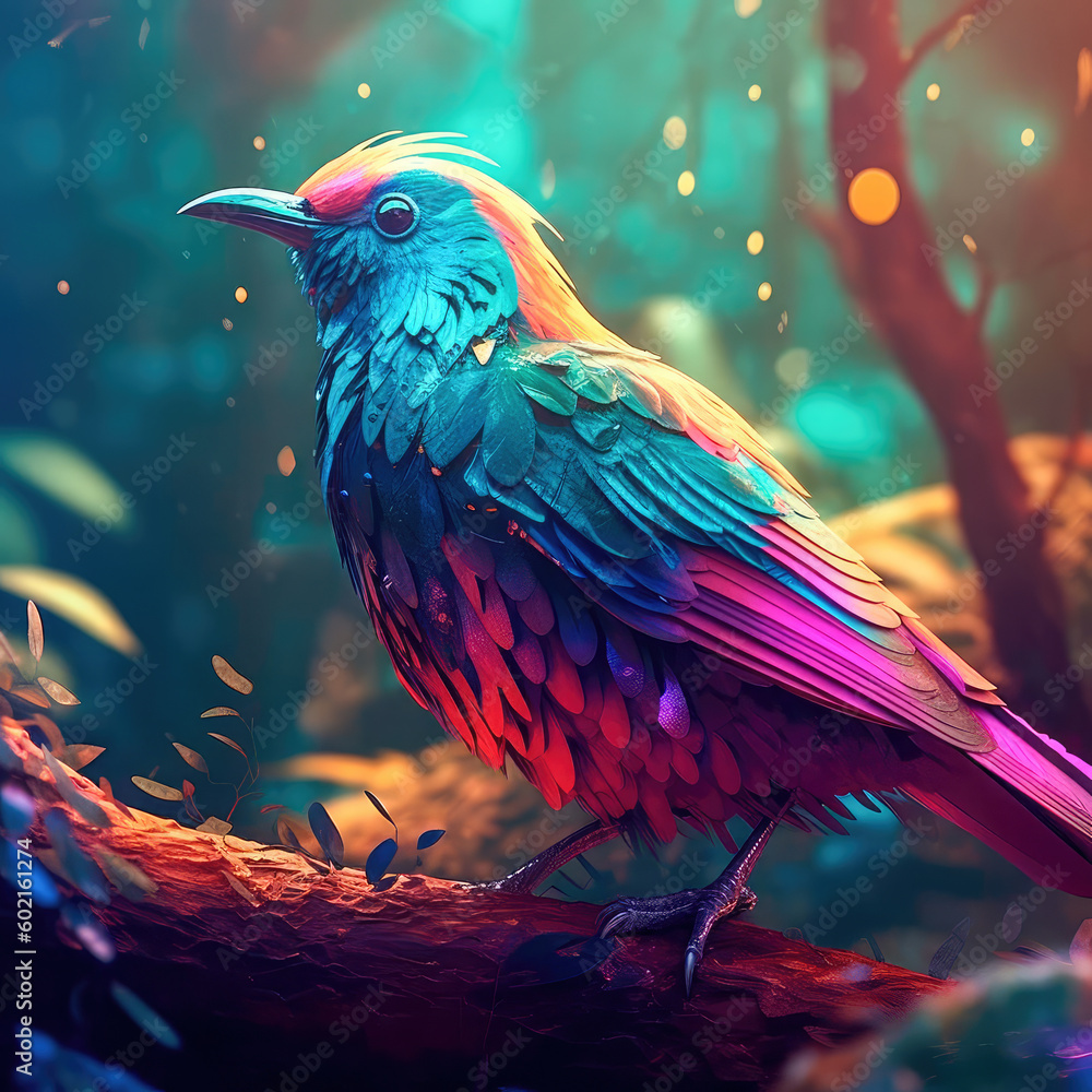 Poster bright colorful abstraction with the image of a bird on a forest background. generative ai
