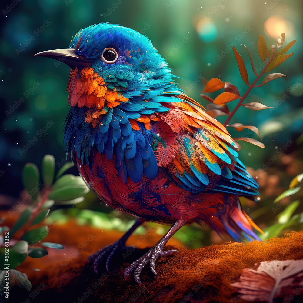 Poster bright colorful abstraction with the image of a bird on a forest background. generative ai