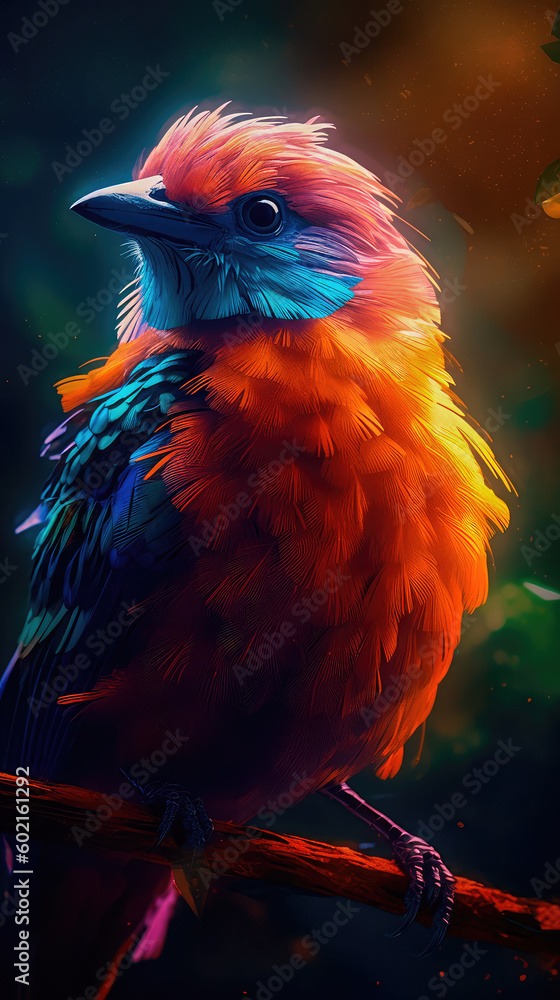 Poster bright colorful abstraction with the image of a bird on a forest background. generative ai
