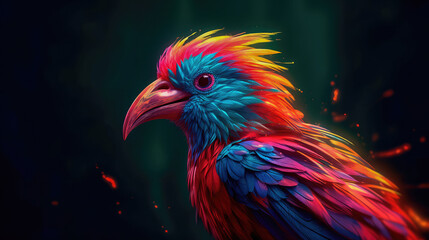 Bright colorful abstraction with the image of a bird on a forest background. Generative AI