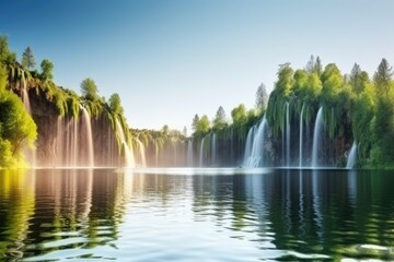 serene lake surrounded by lush trees and foliage Generative AI